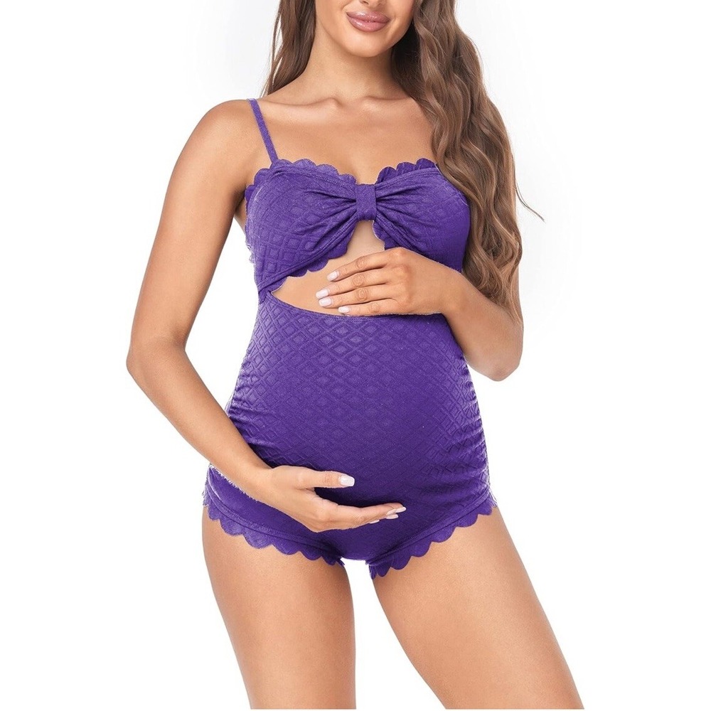 Maternity Front Back Cut Out Scalloped Trim Ruffle One Piece Swimsuit